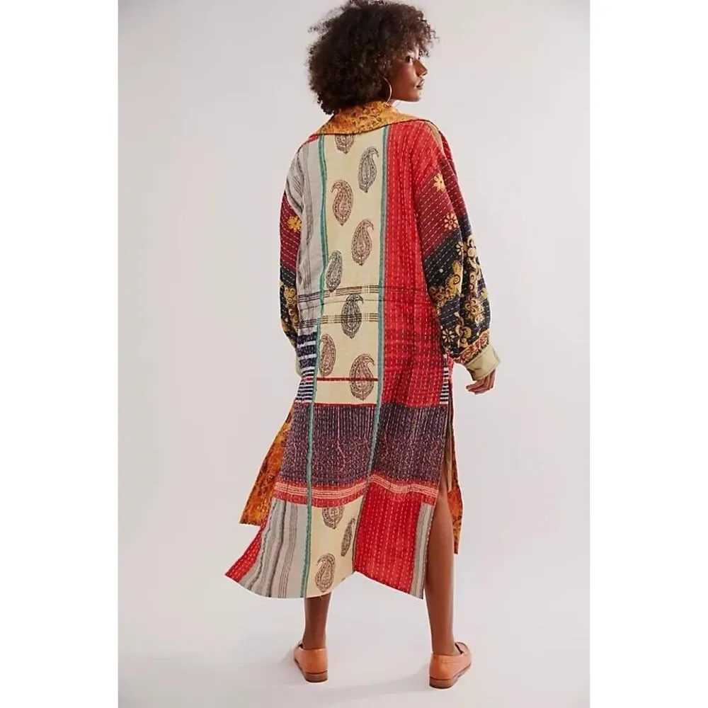 Free People Multicolor Patchwork Trench Coat - Red & Gold Accents - Picture 2 of 8